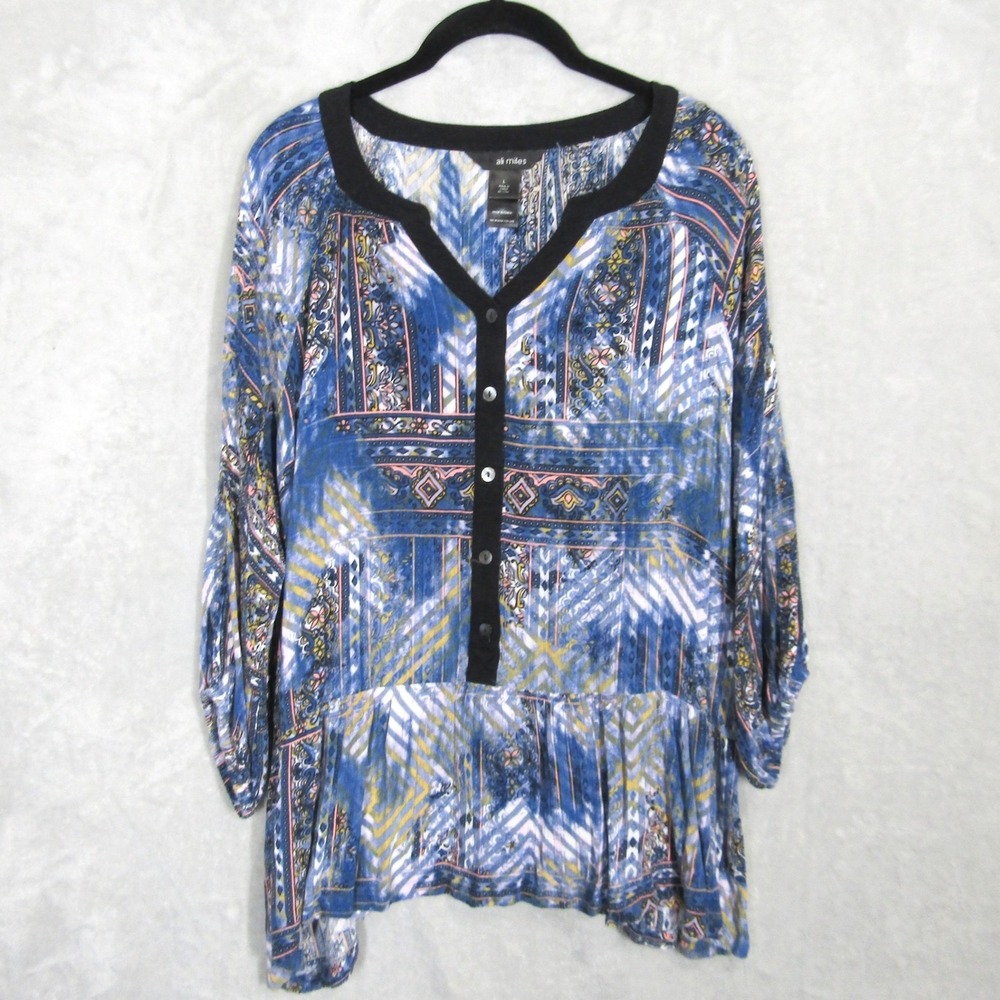 Ali Miles Top Women's Large Blue Paisley Button Front 3/4 Sleeve Cold Shoulder
